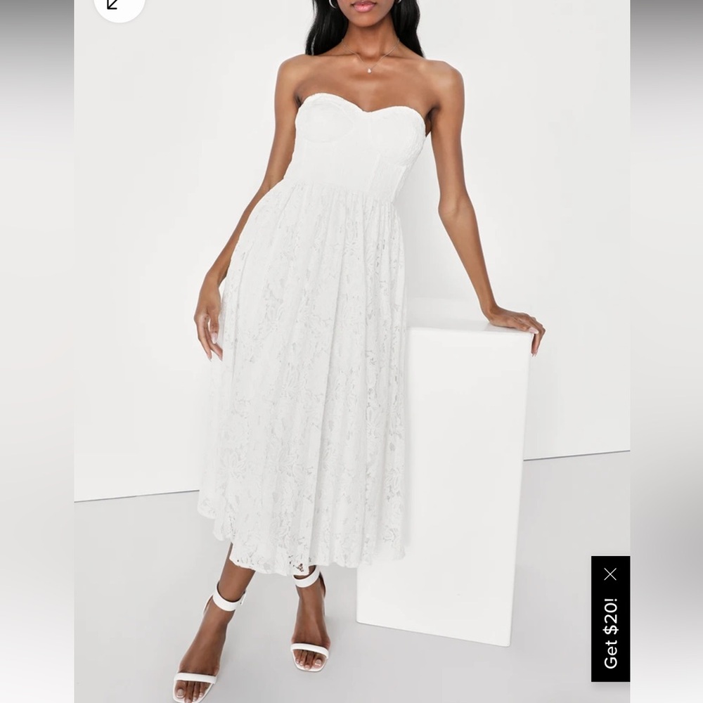 Lulus Exquisite Aura Lace Strapless Bustier Midi Dress